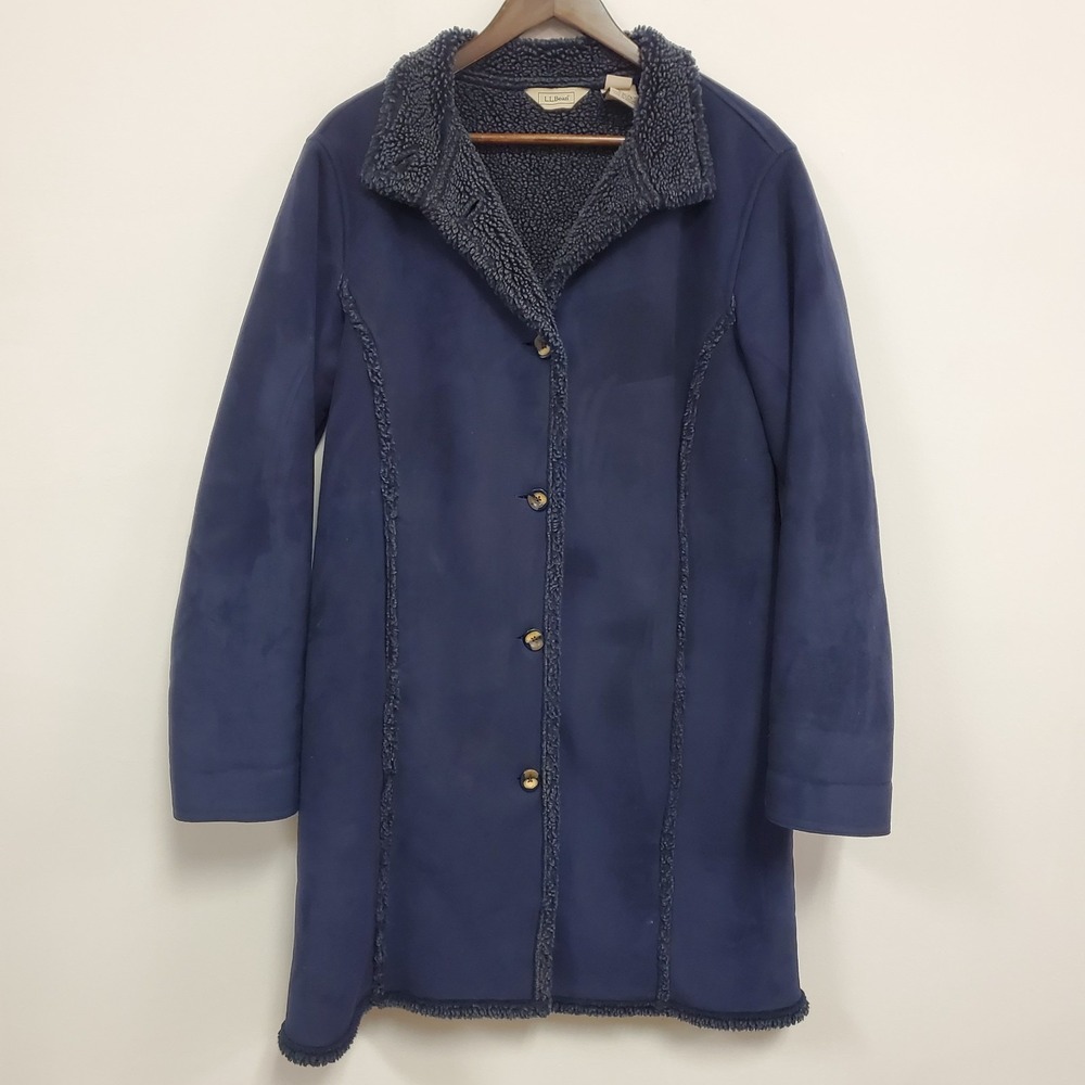 LL Bean Womens Faux Suede Shearling Lined Penny Lane Coat‎ Size M Blue Outdoor